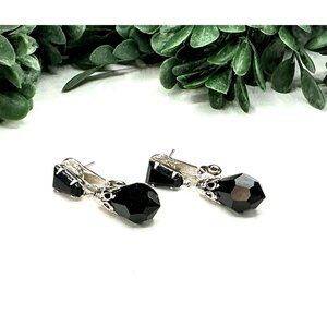 Vintage-Inspired Black Faceted Drop Earrings With Silver Detailing  Clip-On by L